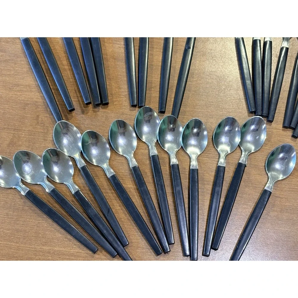 Large Set of MCM Black Handle Flatware Retro Dinerware 50's Forks Knives Spoons